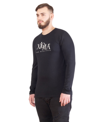 T-shirt nera a manica lunga con logo centrale uomo