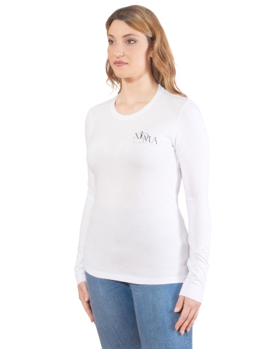 T-shirt bianca manica lunga con logo laterale donna
